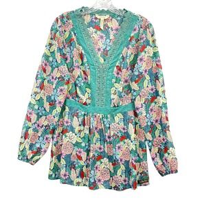 Matilda Jane Women's Floral Print Long Sleeve Blouse Lace Trim Peasant V‎ Neck L